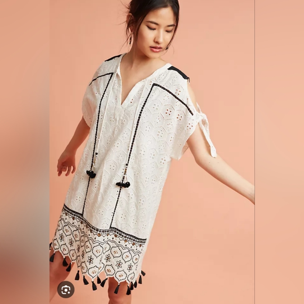 HEMANT & NANDITA White Eyelet Mini Dress with Black Tassel Trim